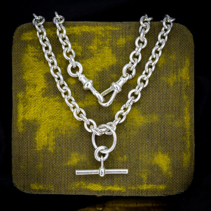 Vintage Sterling Silver Cable Link Watch Chain Necklace with T-Bar and Dog Clips – 19"