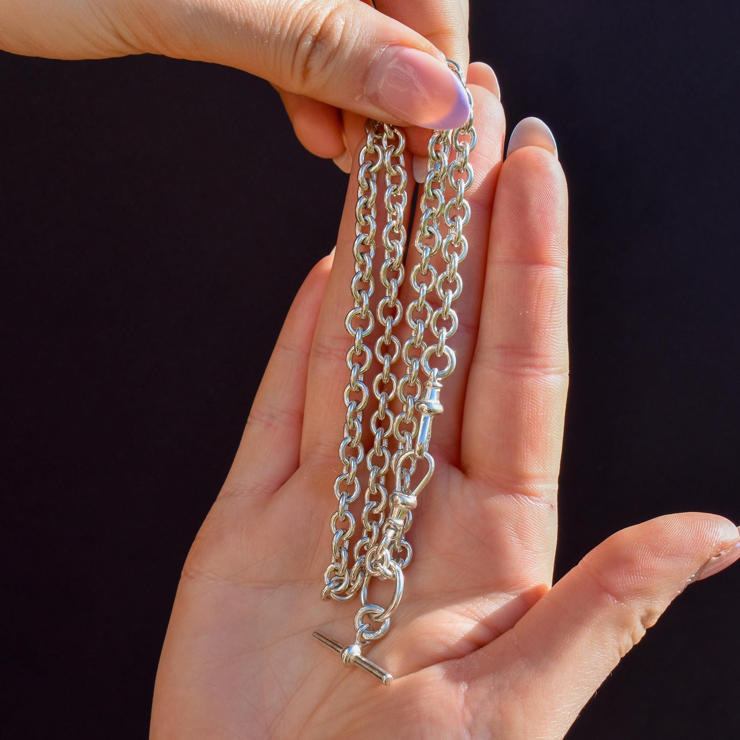 Vintage Sterling Silver Cable Link Watch Chain Necklace with T-Bar and Dog Clips – 19"