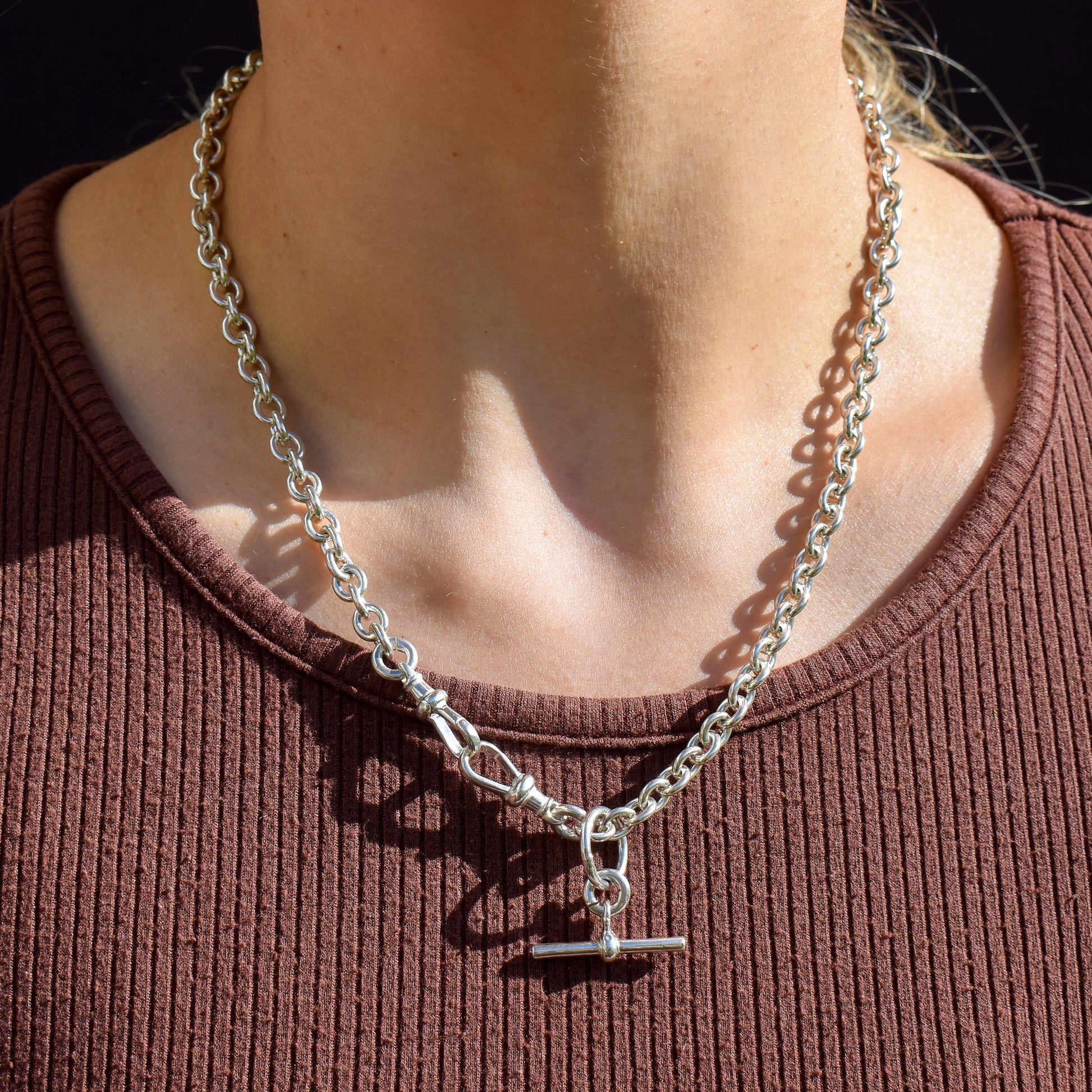 Vintage Sterling Silver Cable Link Watch Chain Necklace with T-Bar and Dog Clips – 19"