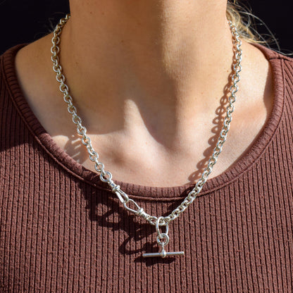 Vintage Sterling Silver Cable Link Watch Chain Necklace with T-Bar and Dog Clips – 19"