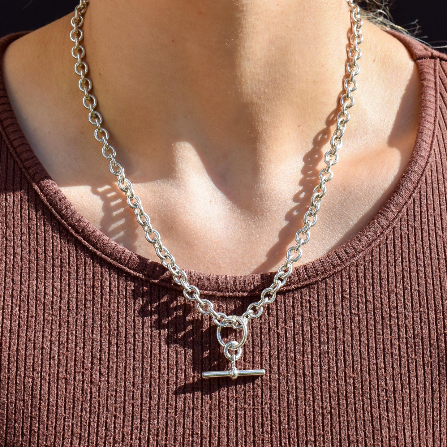 Vintage Sterling Silver Cable Link Watch Chain Necklace with T-Bar and Dog Clips – 19"