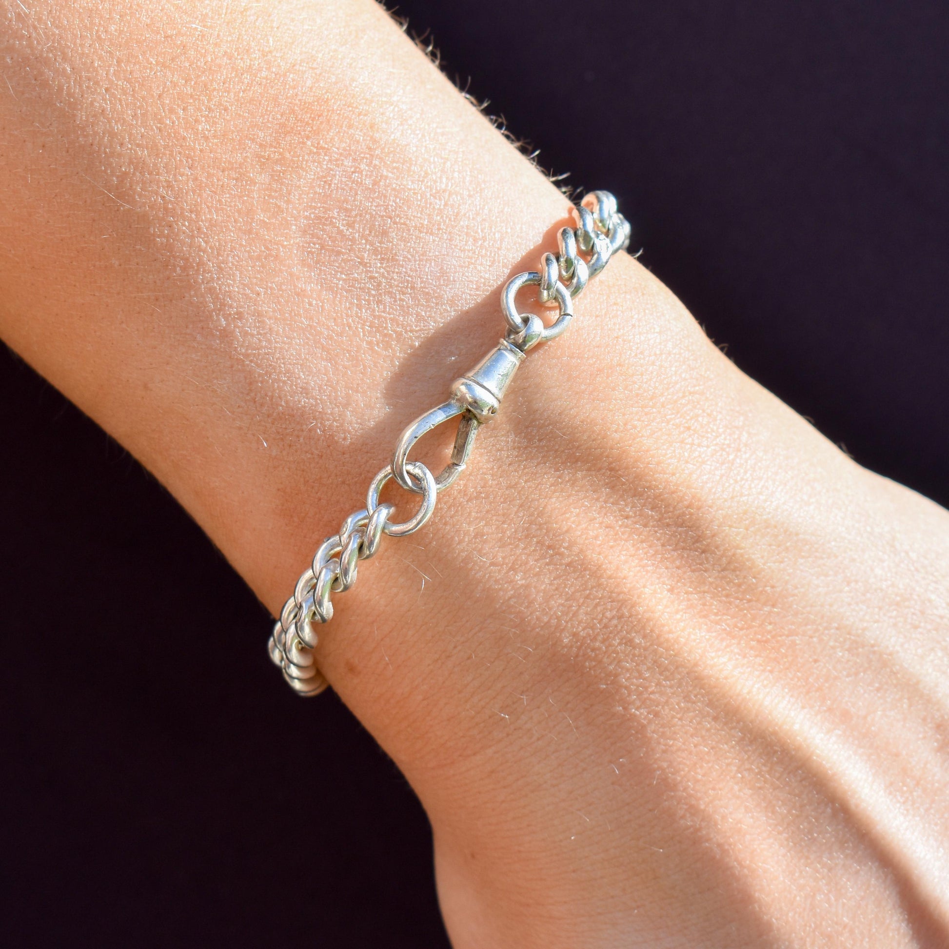 Antique Graduated Curb Sterling Silver Bracelet with Dog Clip | 7.25"