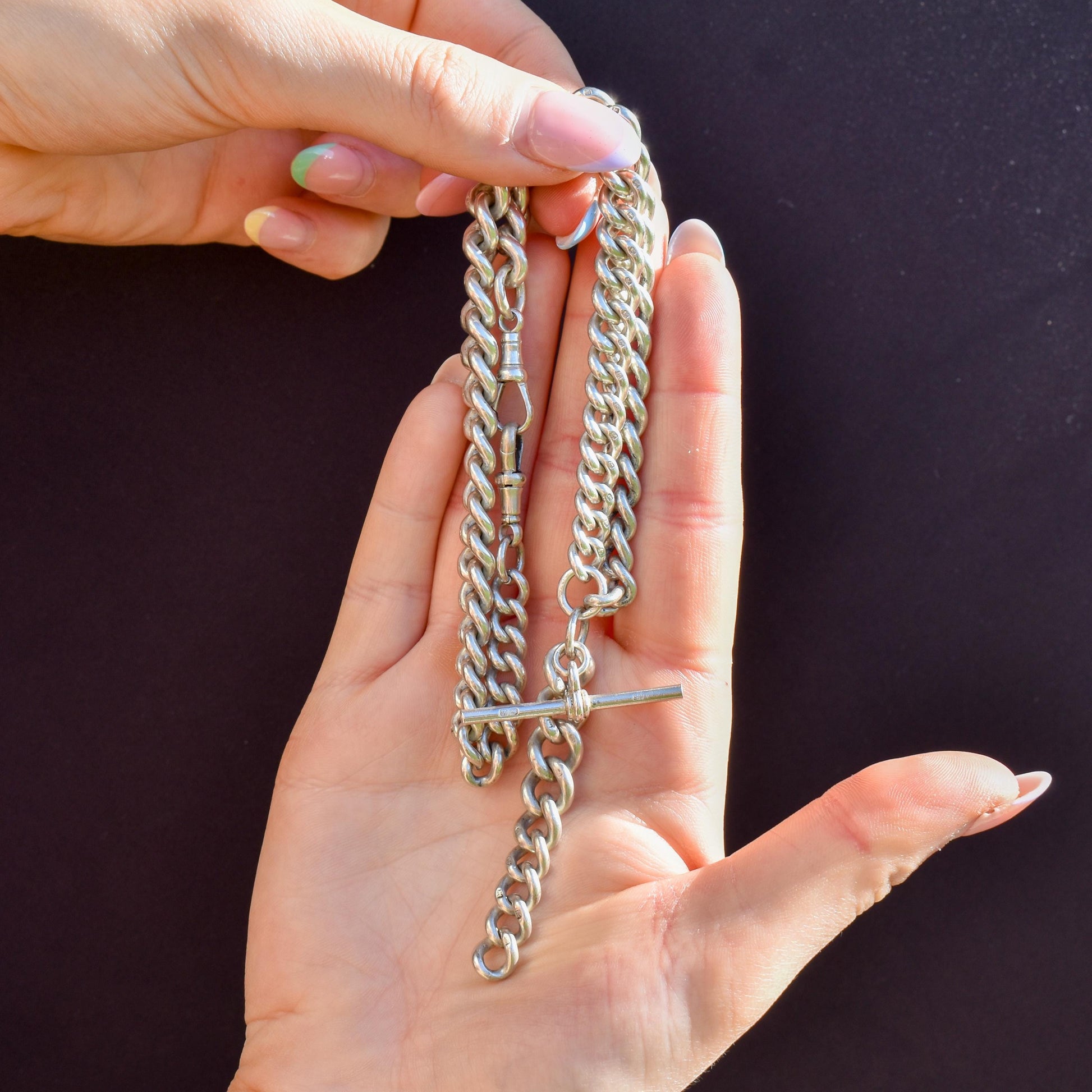 Antique 100g Sterling Silver Curb Link Albert Watch Chain Necklace | 17"