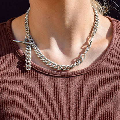 Antique 100g Sterling Silver Curb Link Albert Watch Chain Necklace | 17"
