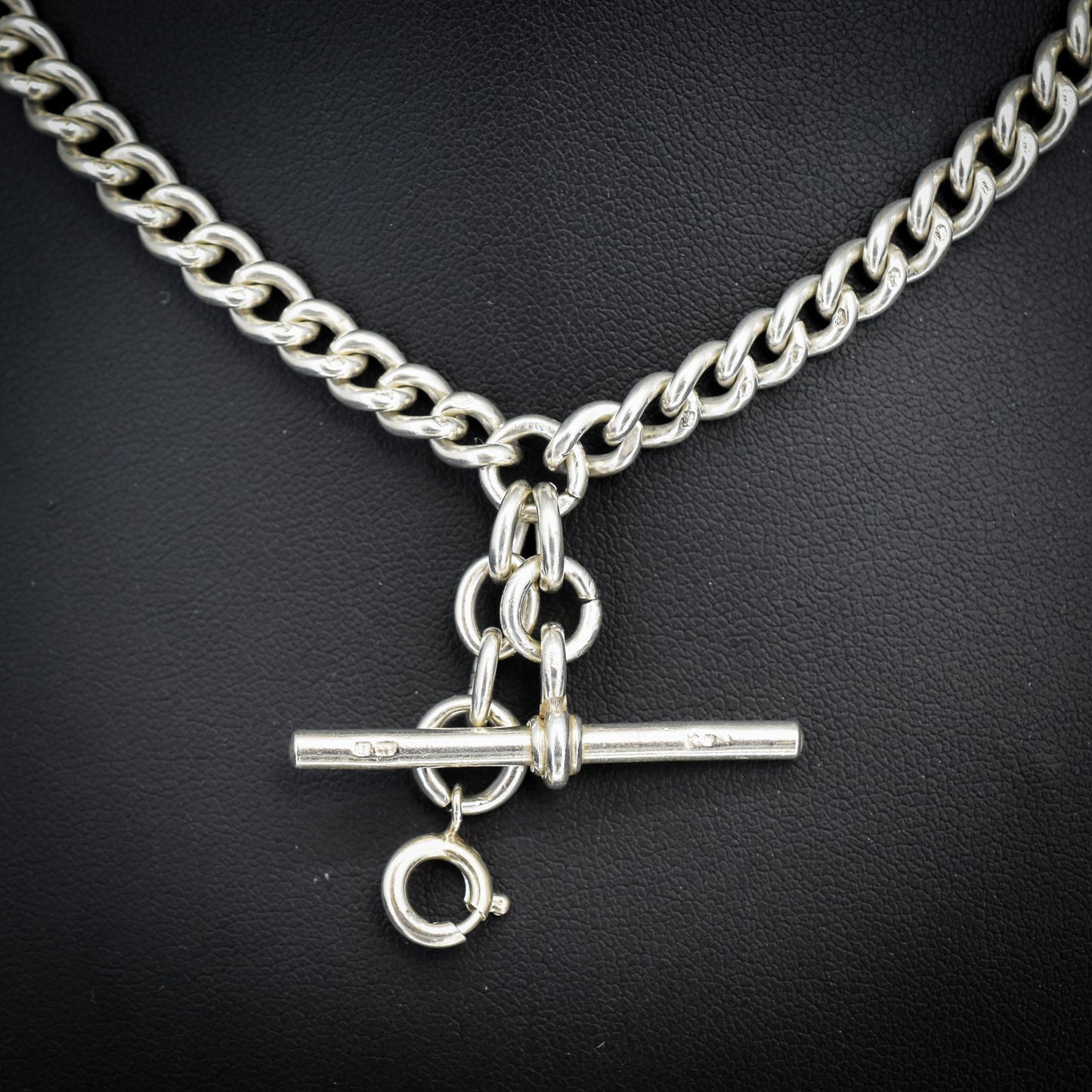 Antique '1912' Silver Curb Link Albert Watch Chain with T-Bar and Dog Clips – 14.75"