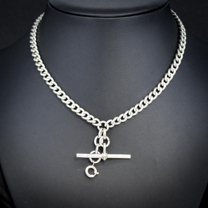 Antique '1912' Silver Curb Link Albert Watch Chain with T-Bar and Dog Clips – 14.75"