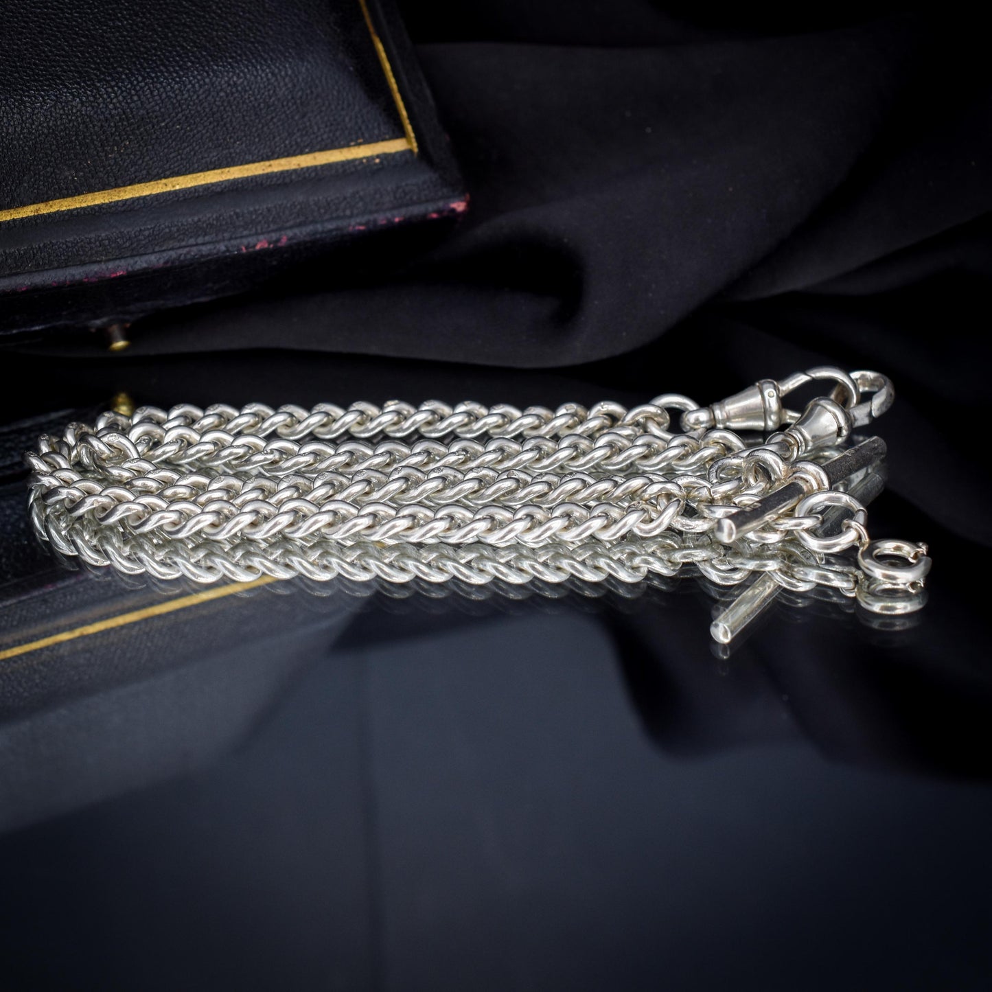 Antique '1912' Silver Curb Link Albert Watch Chain with T-Bar and Dog Clips – 14.75"