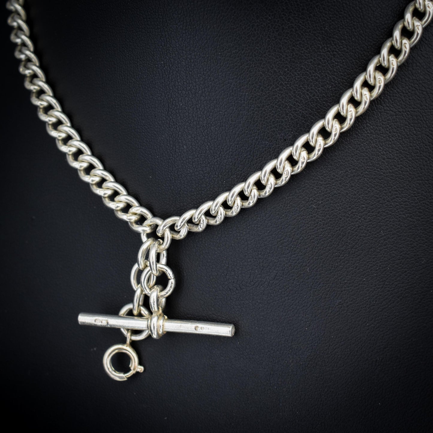 Antique '1912' Silver Curb Link Albert Watch Chain with T-Bar and Dog Clips – 14.75"