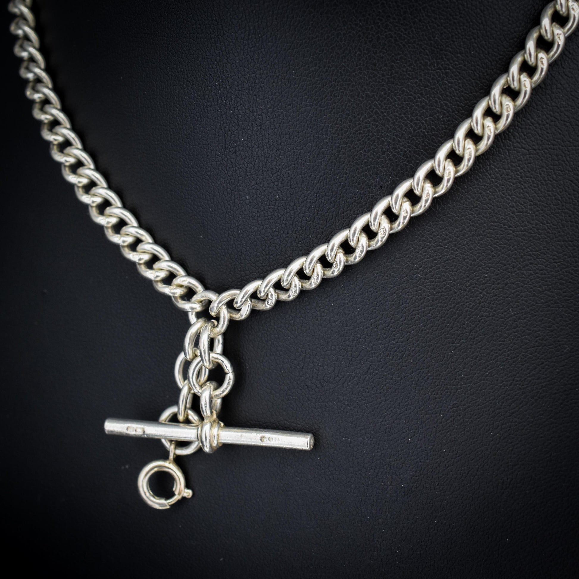 Antique '1912' Silver Curb Link Albert Watch Chain with T-Bar and Dog Clips – 14.75"