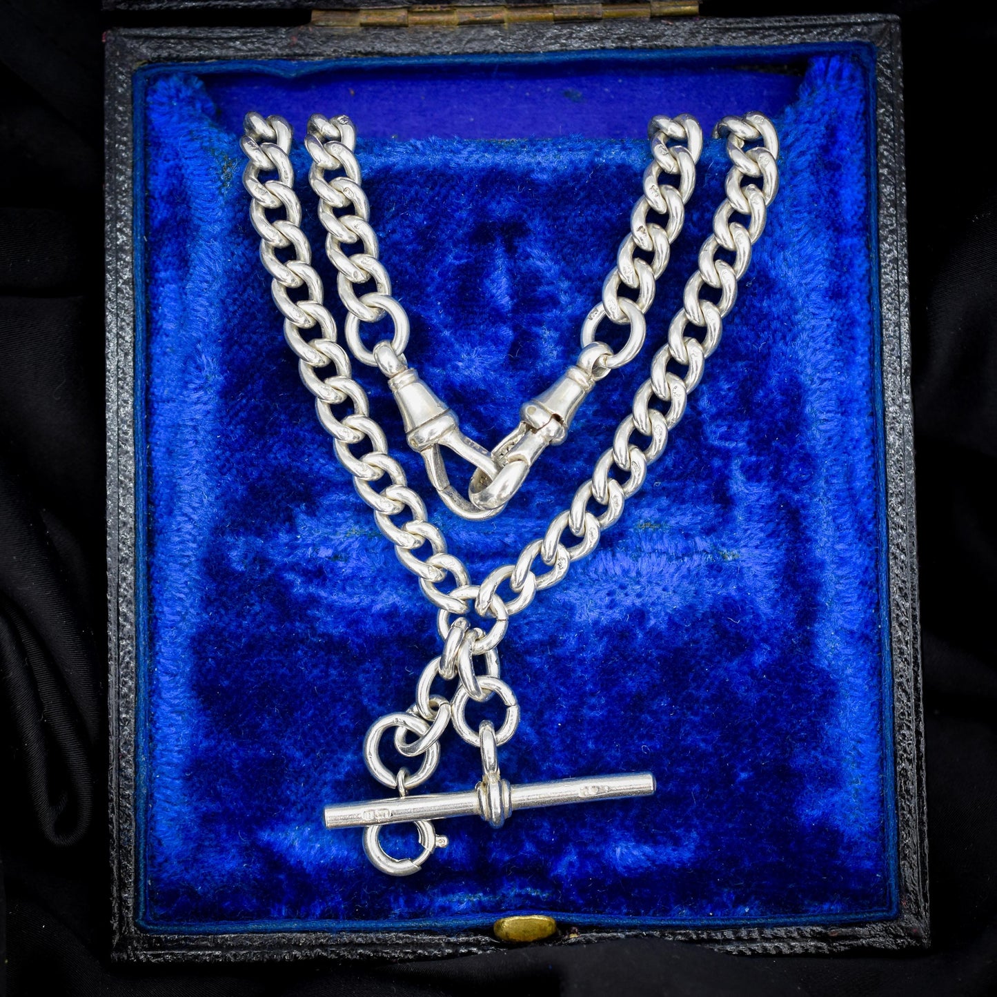 Antique '1912' Silver Curb Link Albert Watch Chain with T-Bar and Dog Clips – 14.75"