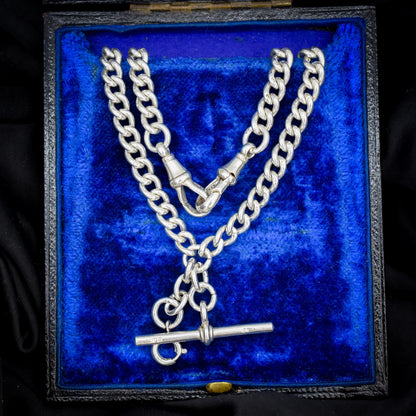 Antique '1912' Silver Curb Link Albert Watch Chain with T-Bar and Dog Clips – 14.75"