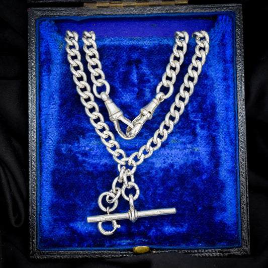 Antique '1912' Silver Curb Link Albert Watch Chain with T-Bar and Dog Clips – 14.75"