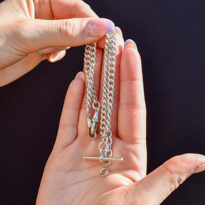 Antique '1912' Silver Curb Link Albert Watch Chain with T-Bar and Dog Clips – 14.75"