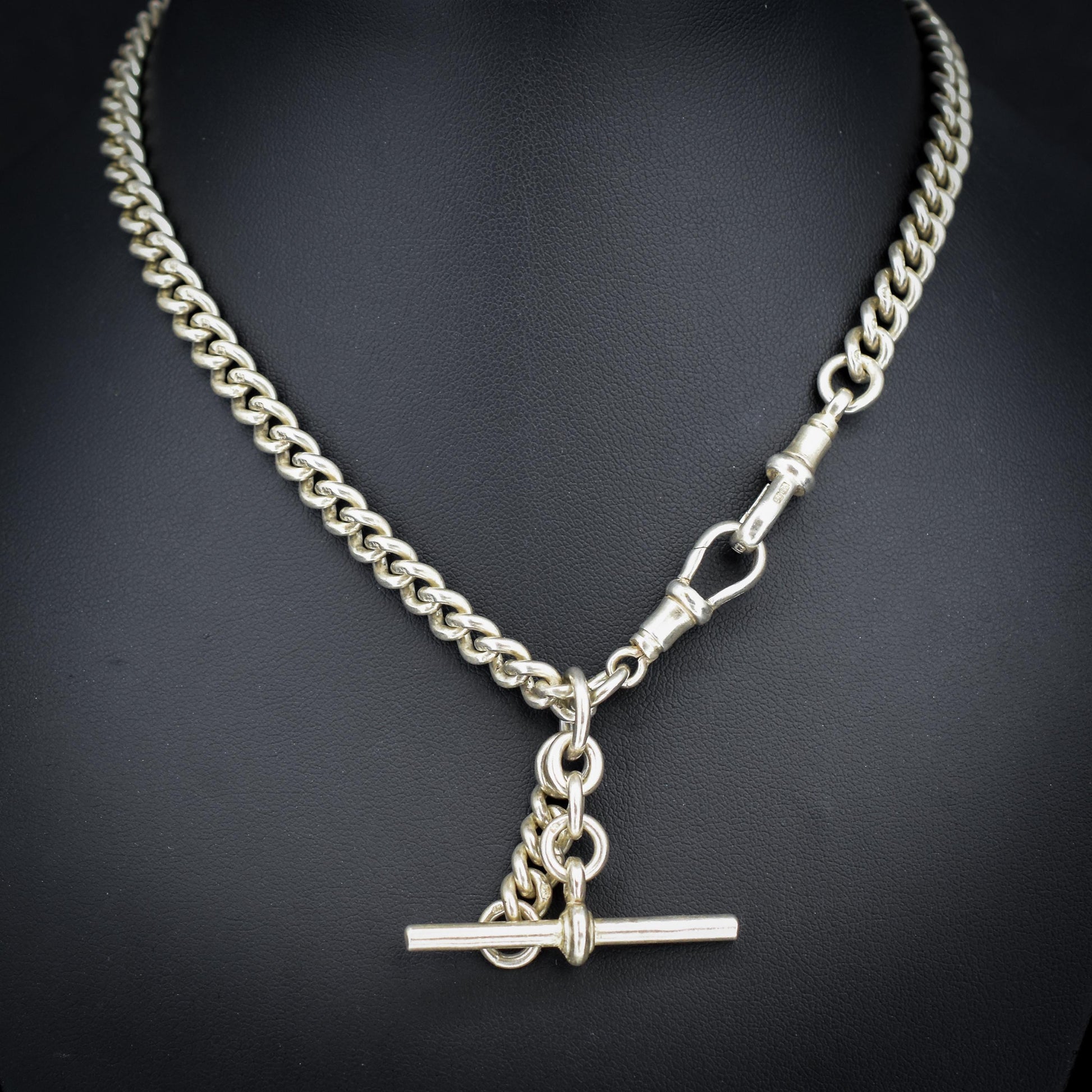 Vintage '1936' Silver Curb Link Albert Watch Chain with Sliding T-Bar and Dog Clips – 15"