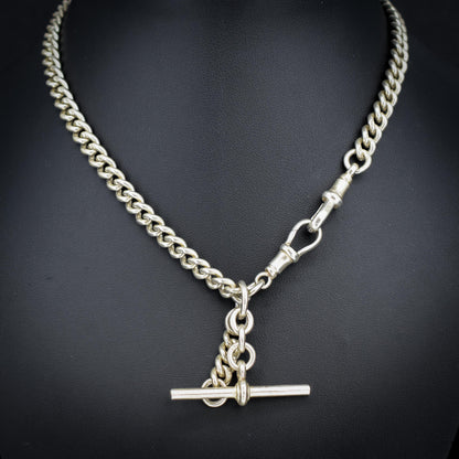 Vintage '1936' Silver Curb Link Albert Watch Chain with Sliding T-Bar and Dog Clips – 15"