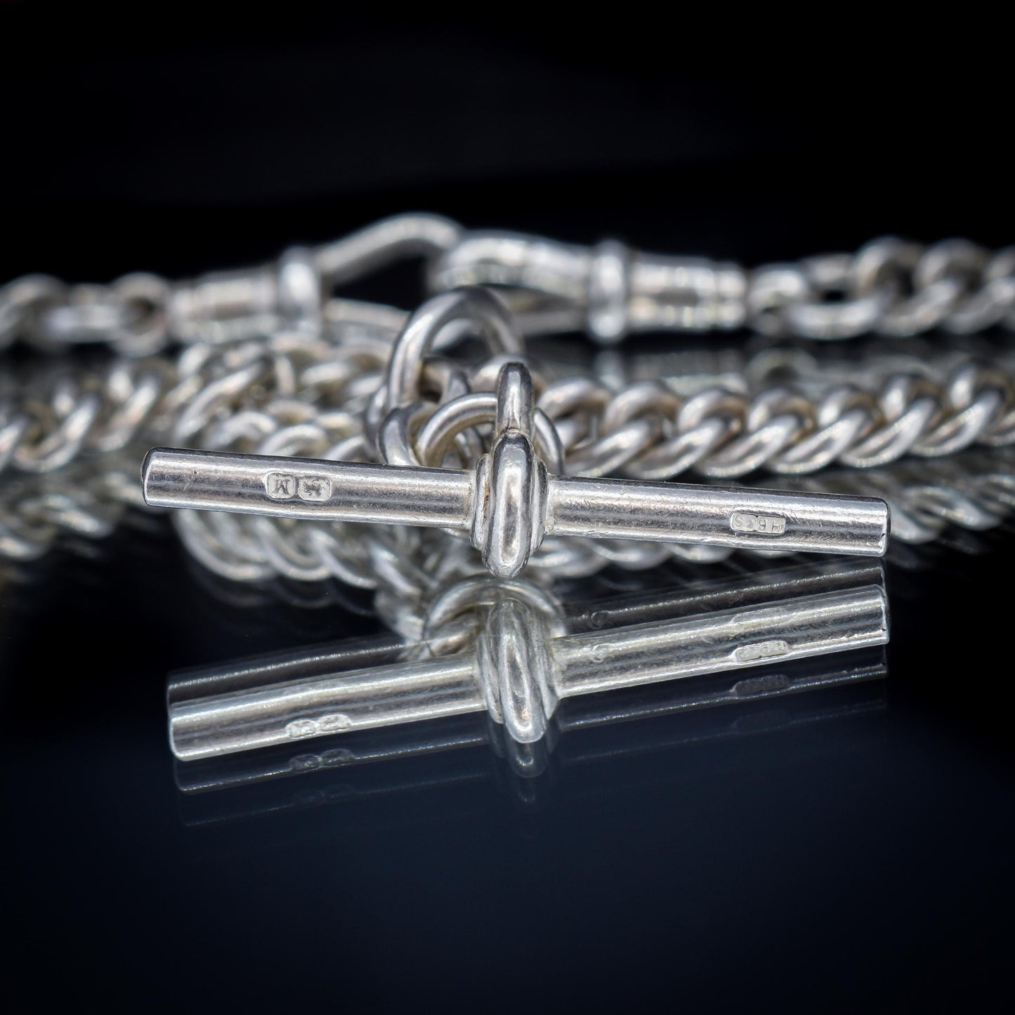 Vintage '1936' Silver Curb Link Albert Watch Chain with Sliding T-Bar and Dog Clips – 15"