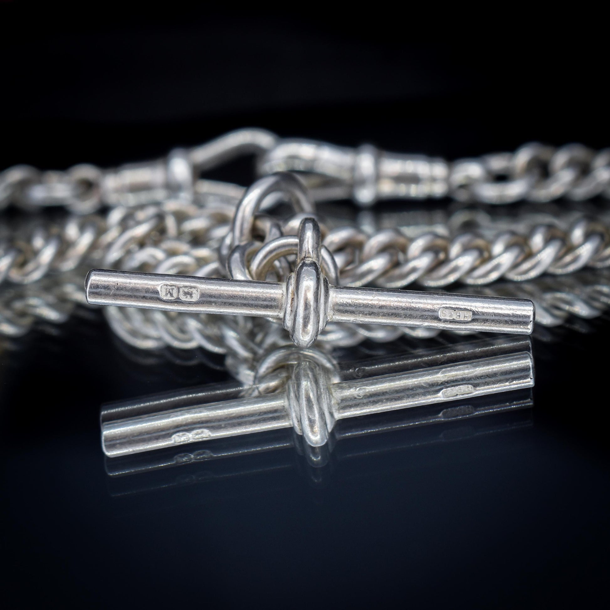 Vintage '1936' Silver Curb Link Albert Watch Chain with Sliding T-Bar and Dog Clips – 15"