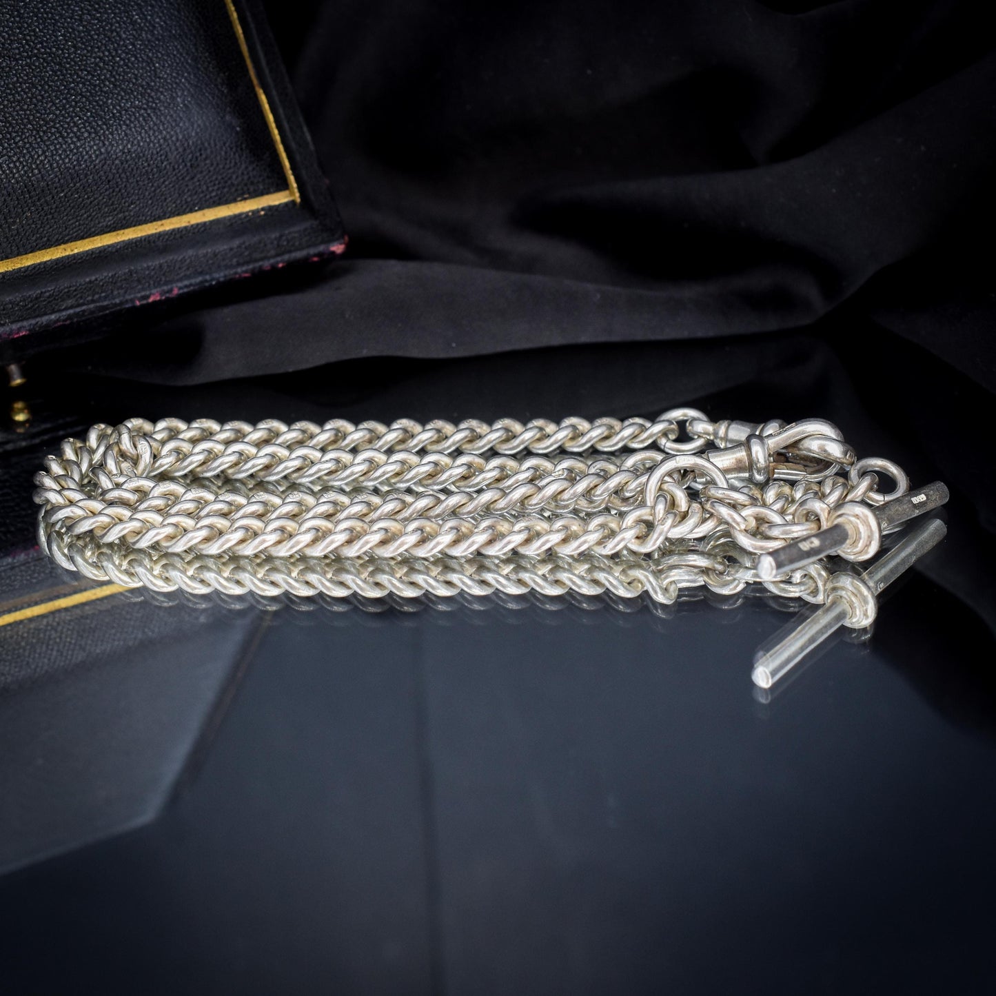 Vintage '1936' Silver Curb Link Albert Watch Chain with Sliding T-Bar and Dog Clips – 15"