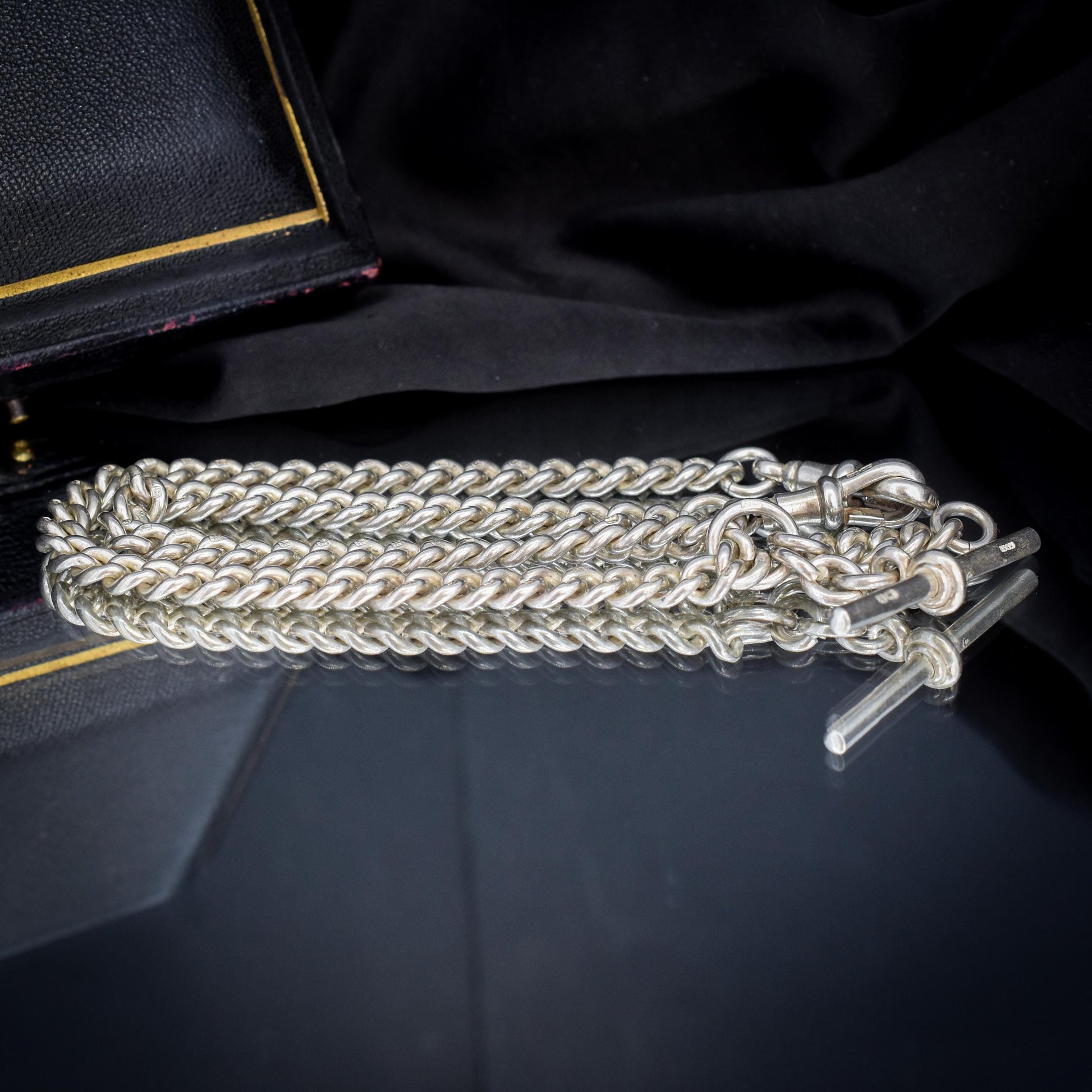 Vintage '1936' Silver Curb Link Albert Watch Chain with Sliding T-Bar and Dog Clips – 15"