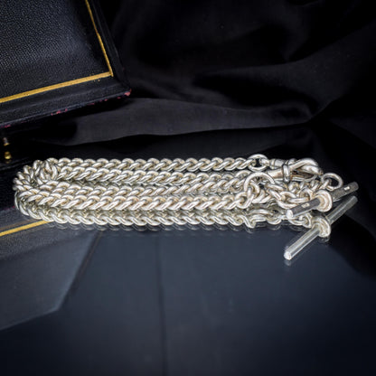 Vintage '1936' Silver Curb Link Albert Watch Chain with Sliding T-Bar and Dog Clips – 15"