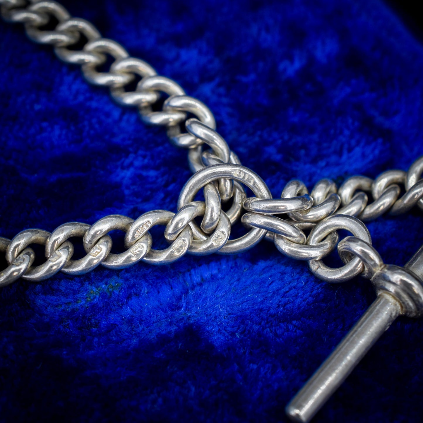 Vintage '1936' Silver Curb Link Albert Watch Chain with Sliding T-Bar and Dog Clips – 15"