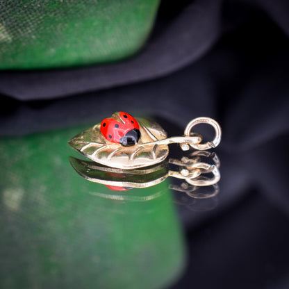 Vintage Ladybird Enamel 9ct Gold Leaf Charm Pendant