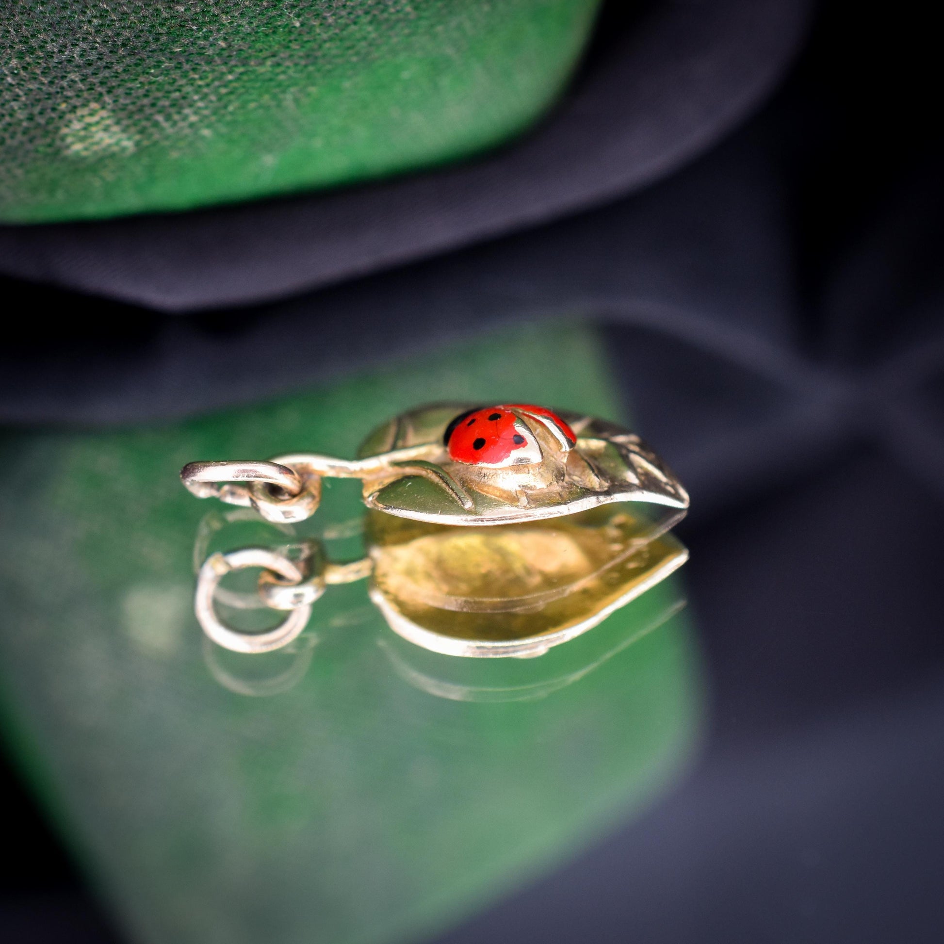 Vintage Ladybird Enamel 9ct Gold Leaf Charm Pendant