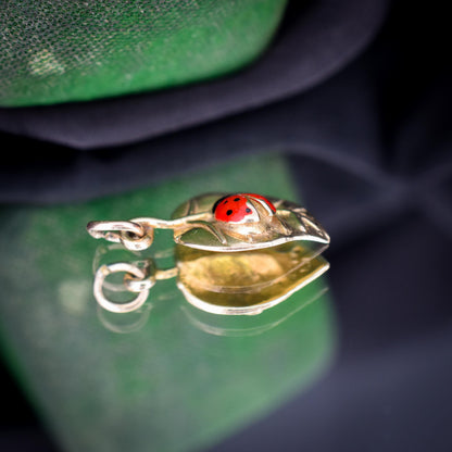 Vintage Ladybird Enamel 9ct Gold Leaf Charm Pendant