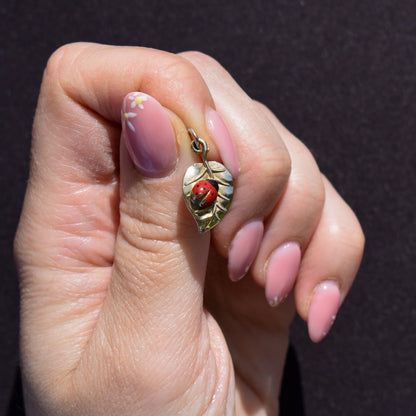 Vintage Ladybird Enamel 9ct Gold Leaf Charm Pendant