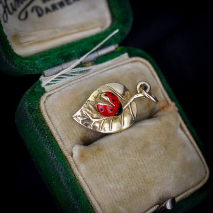 Vintage Ladybird Enamel 9ct Gold Leaf Charm Pendant