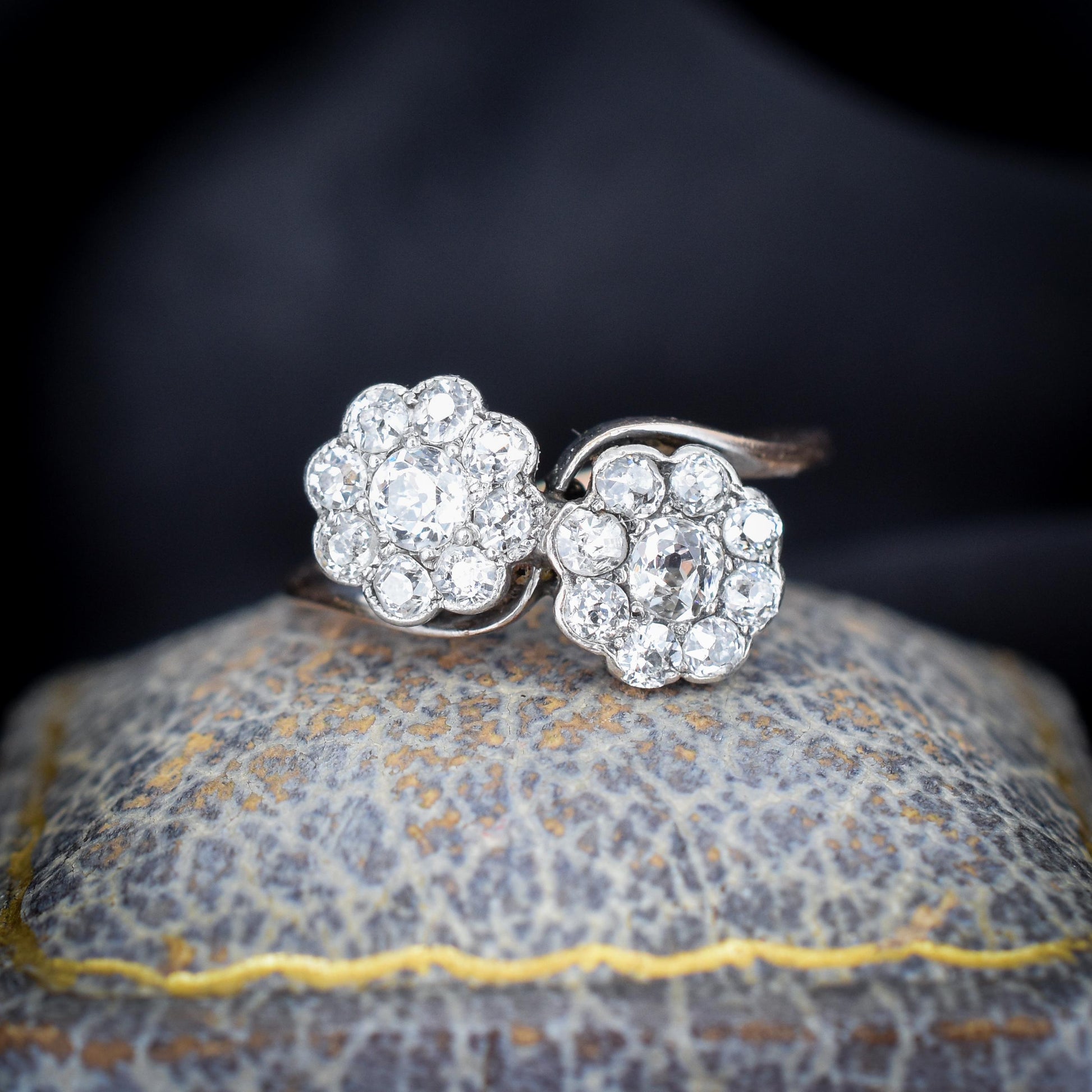 Antique Old Cut Diamond Daisy Cluster 'Toi Et Moi' Twist Gold Ring