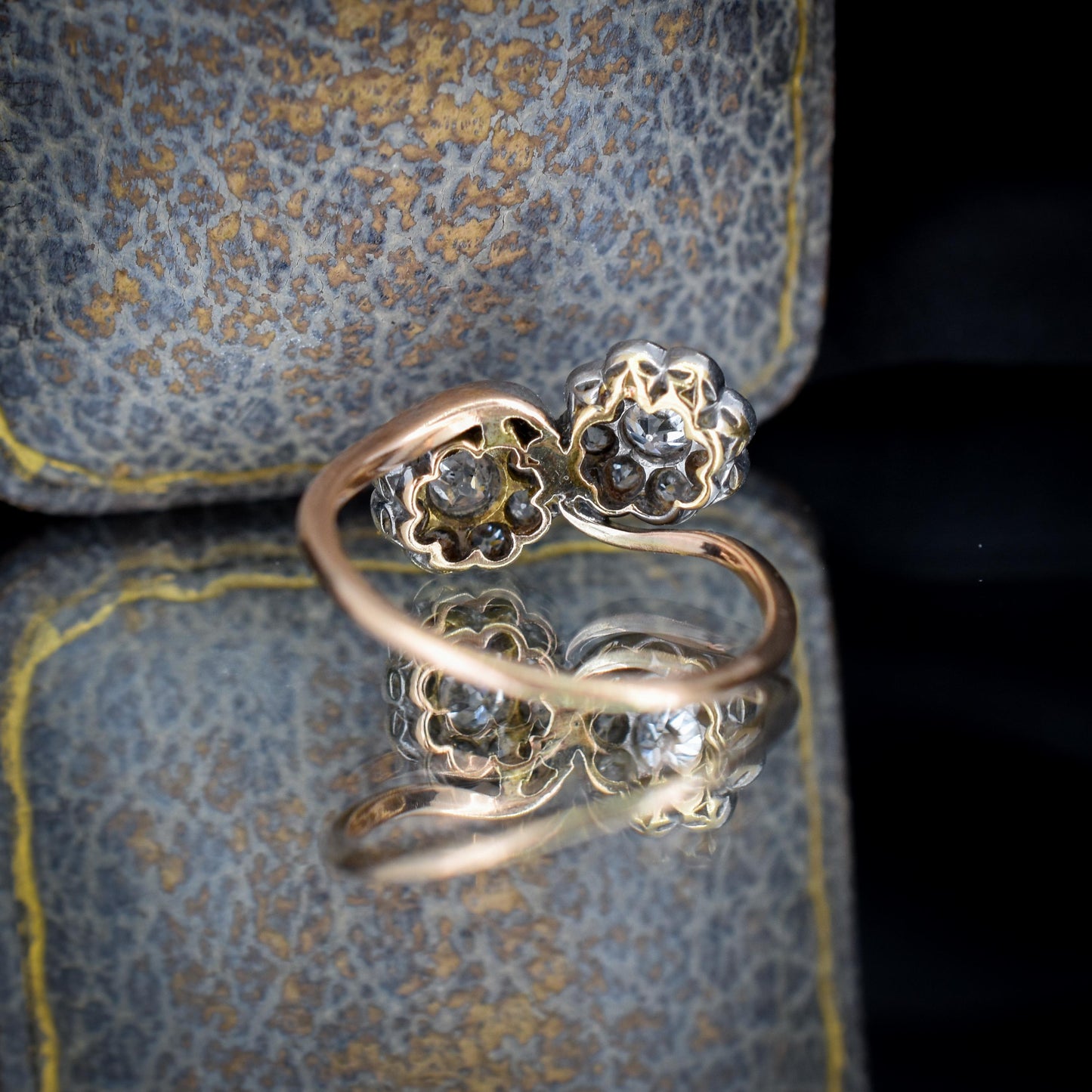 Antique Old Cut Diamond Daisy Cluster 'Toi Et Moi' Twist Gold Ring
