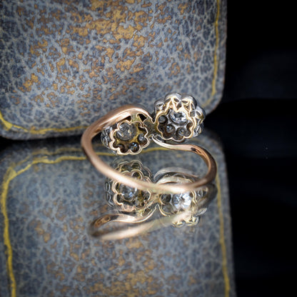 Antique Old Cut Diamond Daisy Cluster 'Toi Et Moi' Twist Gold Ring