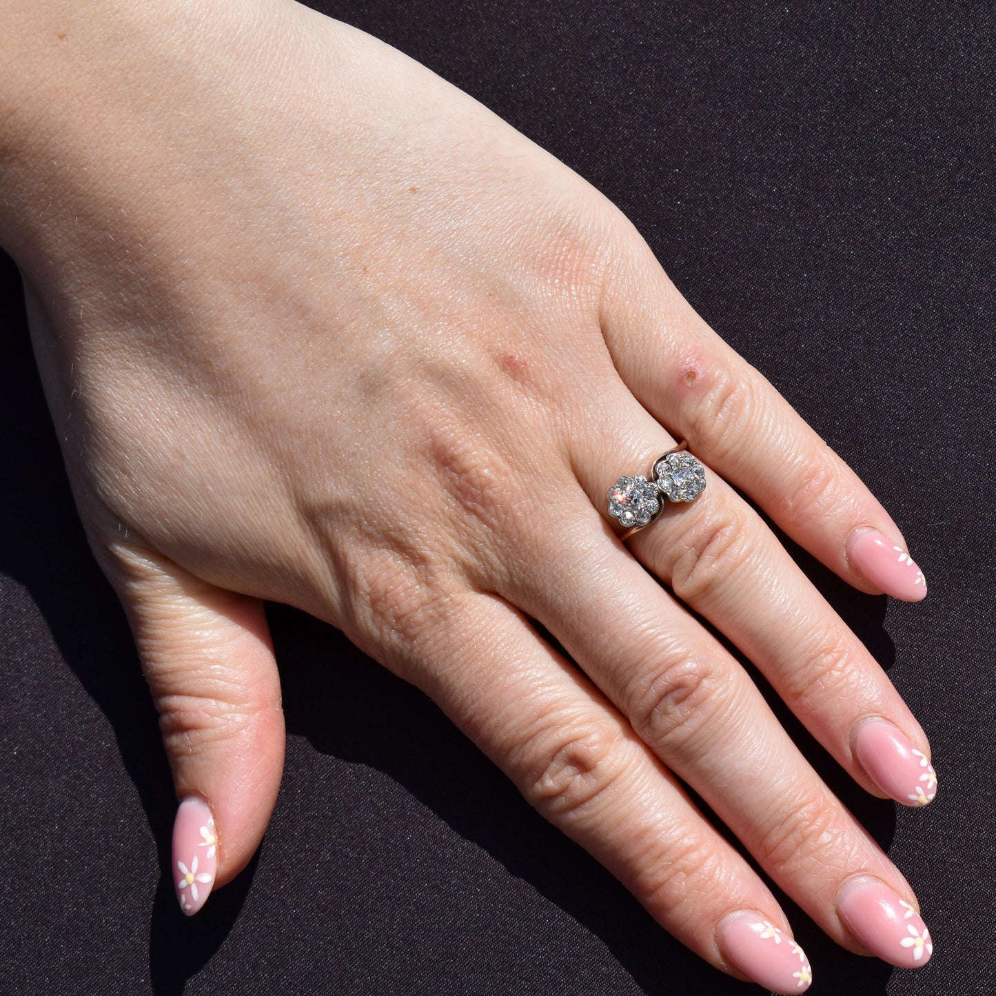 Antique Old Cut Diamond Daisy Cluster 'Toi Et Moi' Twist Gold Ring