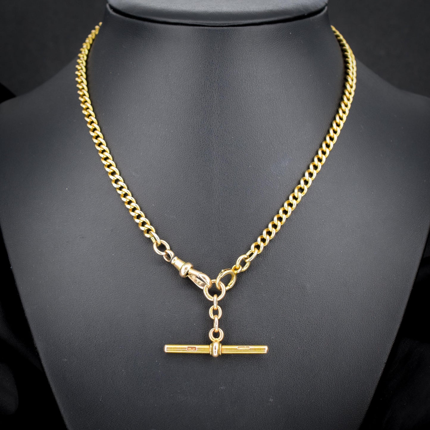 Antique 15ct Yellow Gold Bolt Ring and Dog Clip Albert Watch Chain Necklace 16"