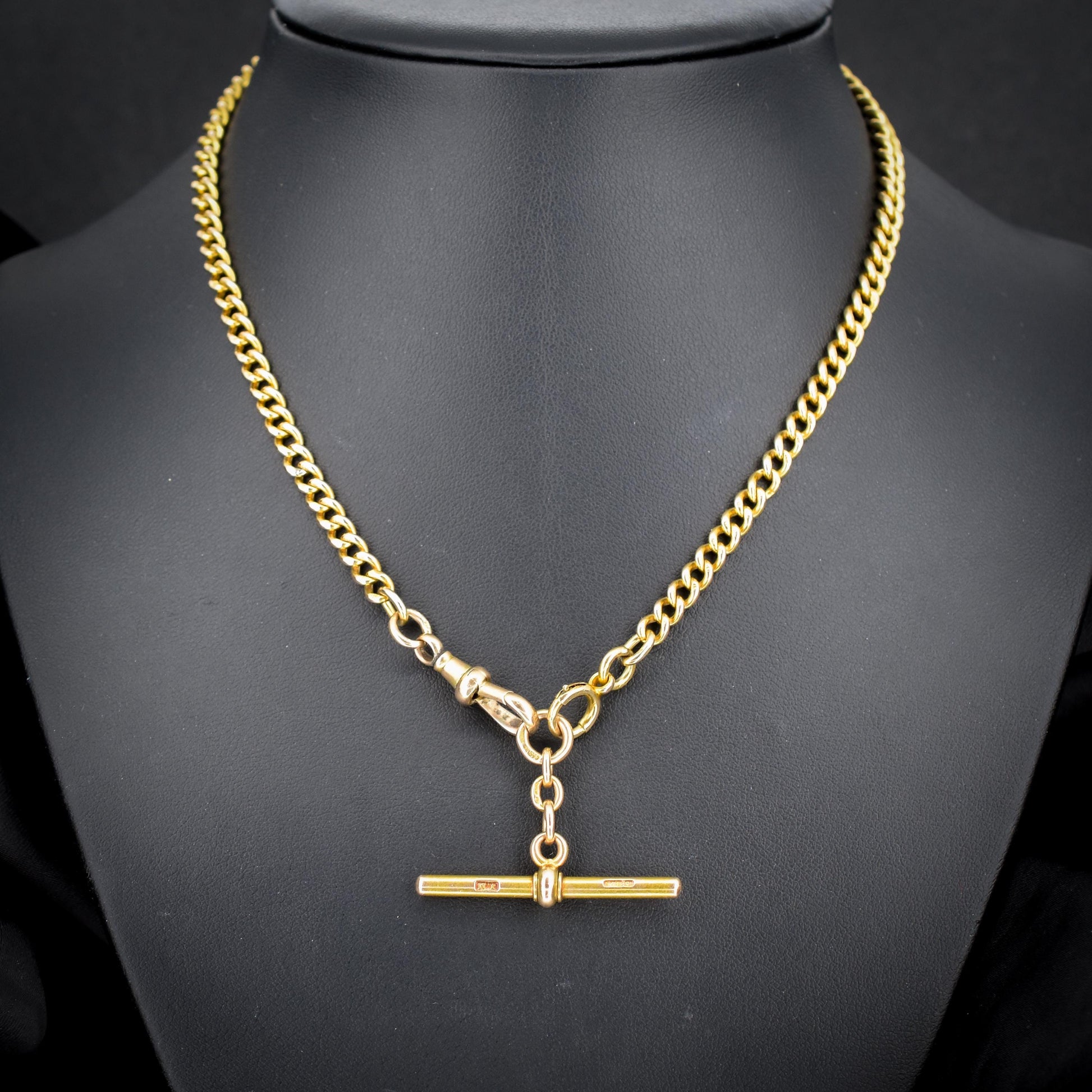 Antique 15ct Yellow Gold Bolt Ring and Dog Clip Albert Watch Chain Necklace 16"