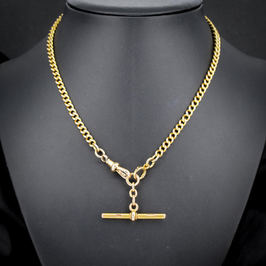 Antique 15ct Yellow Gold Bolt Ring and Dog Clip Albert Watch Chain Necklace 16"