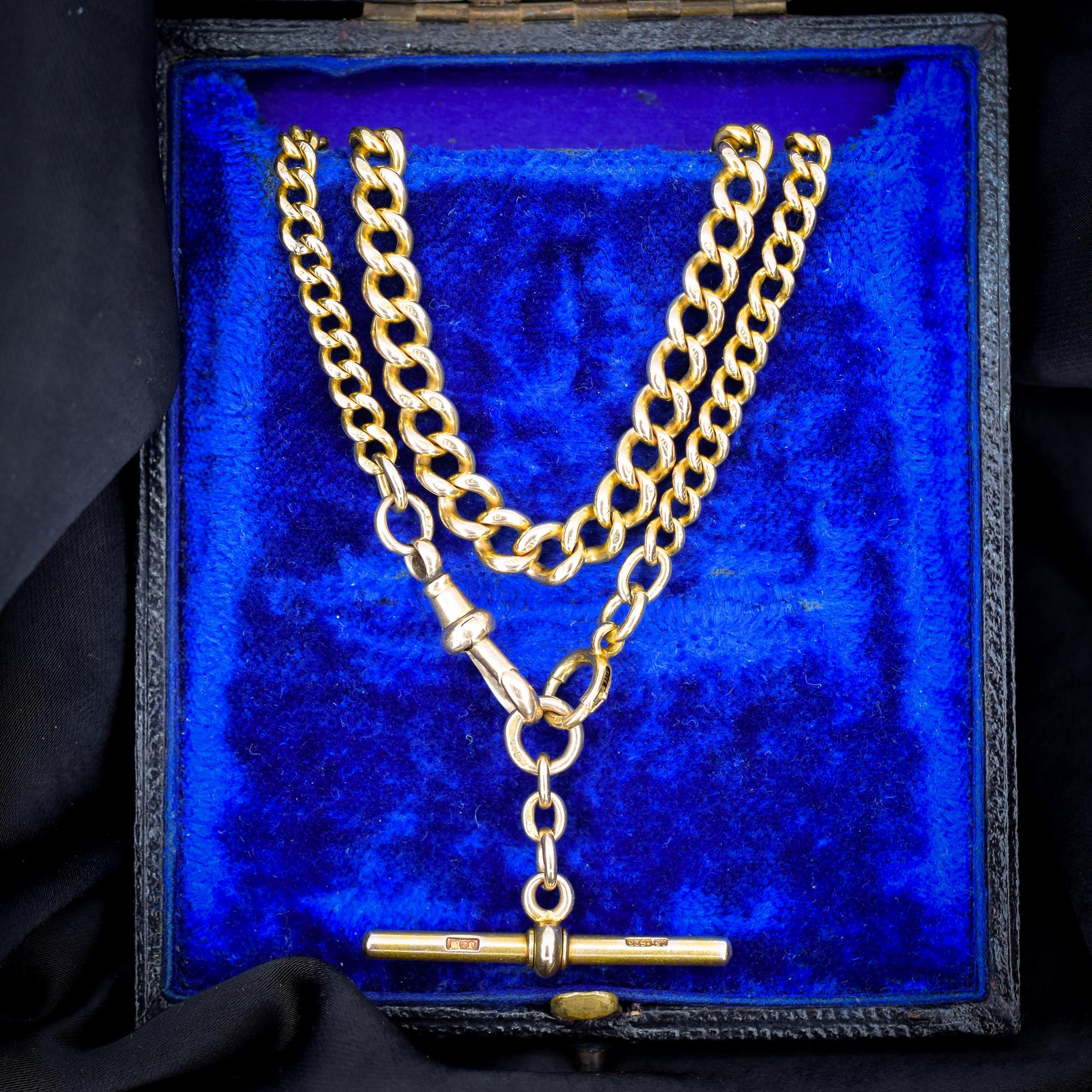 Antique 15ct Yellow Gold Bolt Ring and Dog Clip Albert Watch Chain Necklace 16"