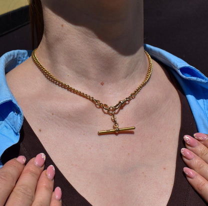 Antique 15ct Yellow Gold Bolt Ring and Dog Clip Albert Watch Chain Necklace 16"