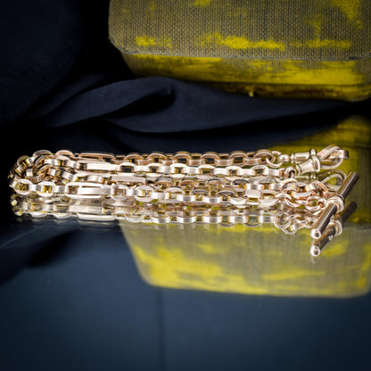 Antique 15.5" 9ct Gold Oval Cable Link Double Albert Watch Chain Necklace