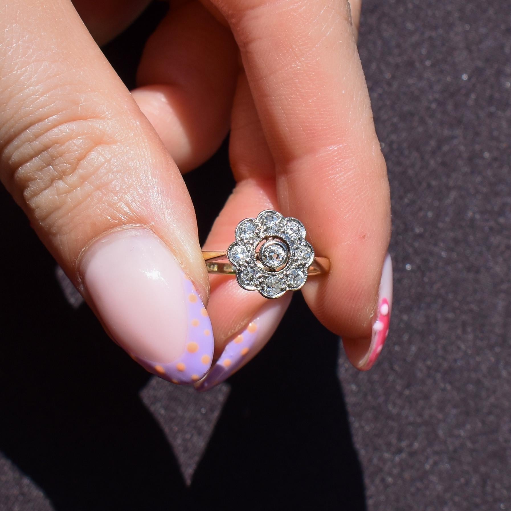 Antique Diamond Cluster Daisy 18ct Gold and Platinum Ring