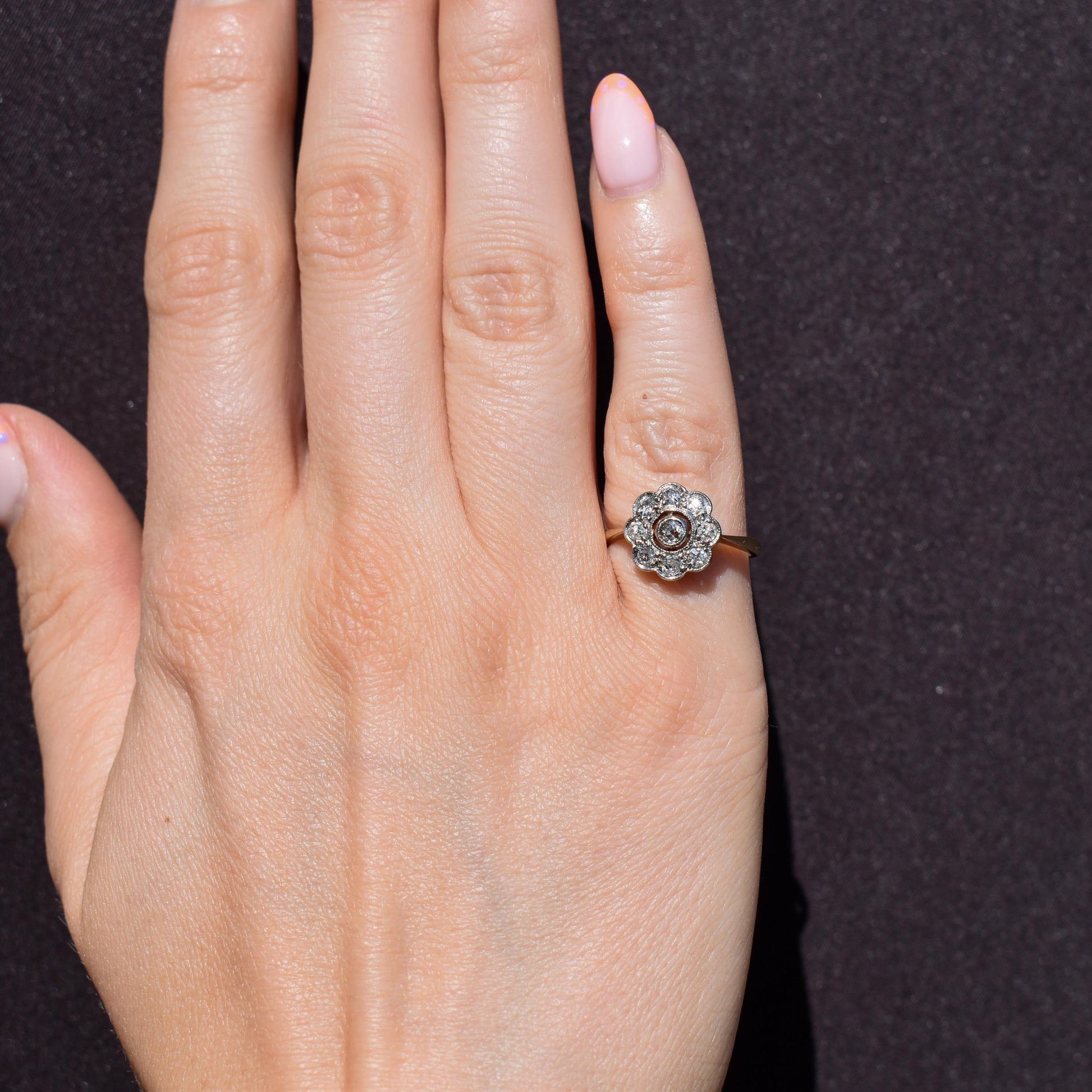 Antique Diamond Cluster Daisy 18ct Gold and Platinum Ring