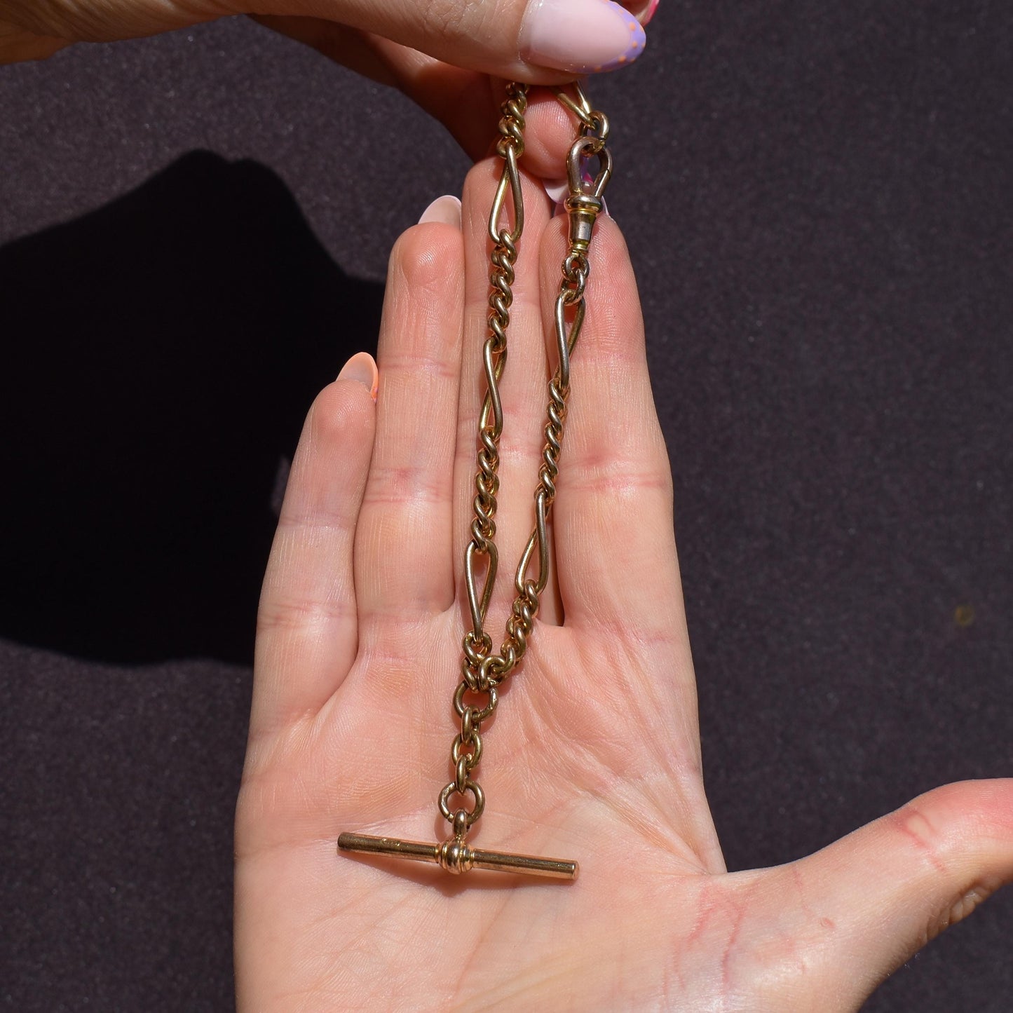 Antique Rolled Gold Figaro Link Bracelet with Dog Clip and T-bar