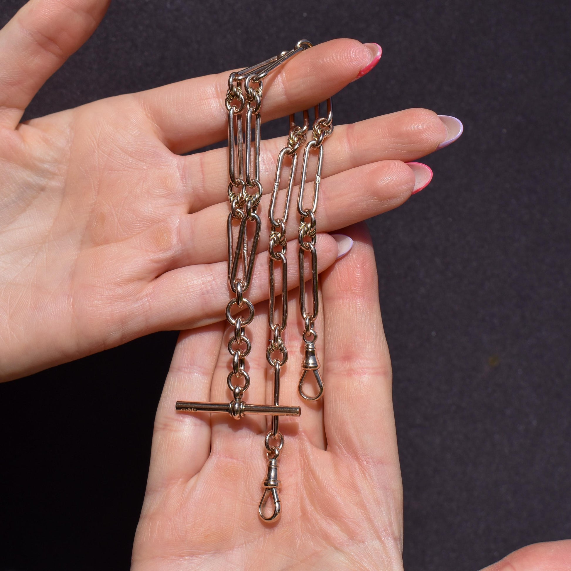 Antique 9ct Gold Trombone and Love Knot Link Albert Chain Necklace | 16"