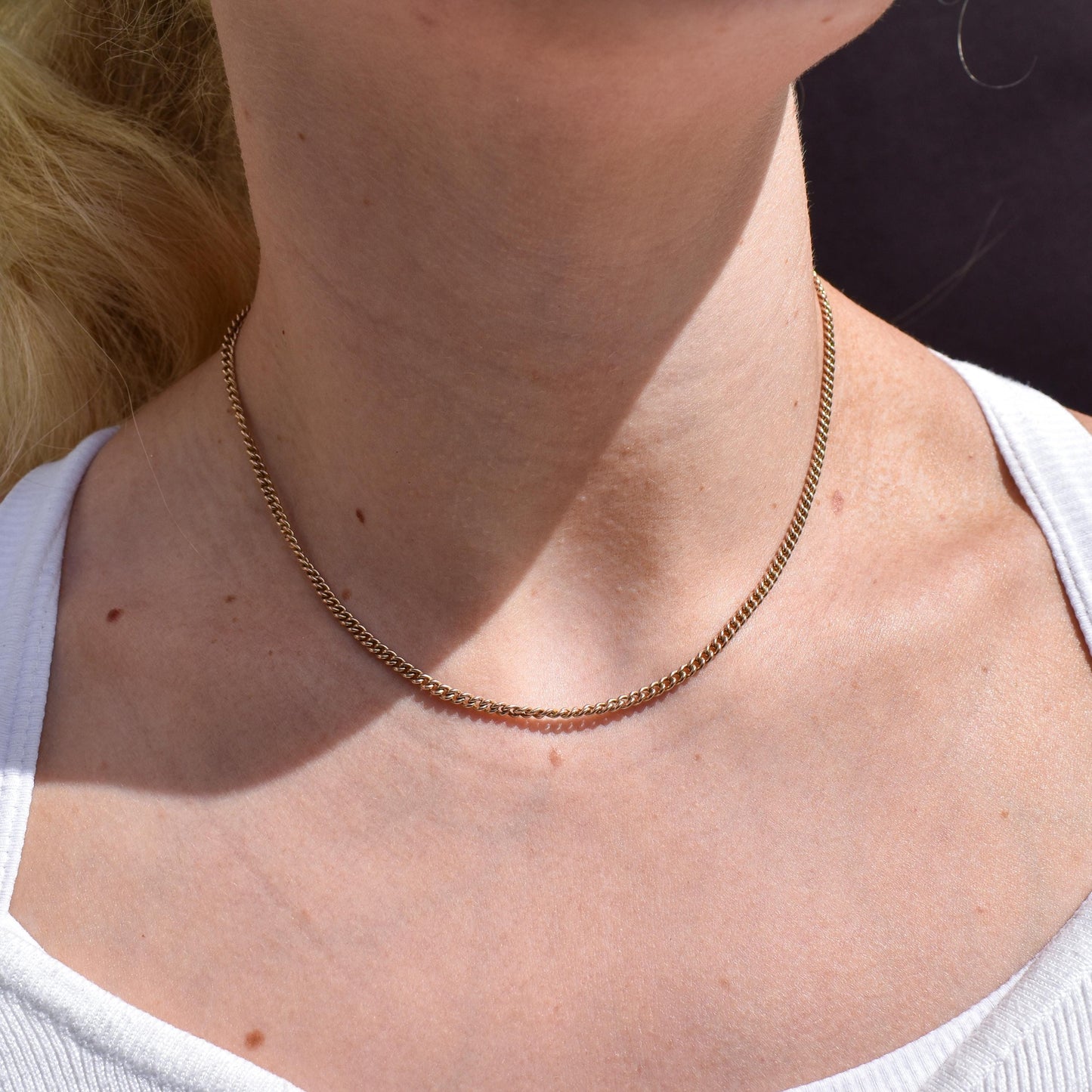 Antique 9ct Gold Flat Curb Link Chain Necklace with Barrel Clasp | 15.25"