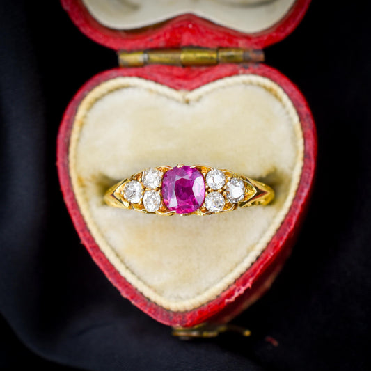 Antique Victorian Ruby and Old Cut Diamond 18ct Yellow Gold Scroll Ring