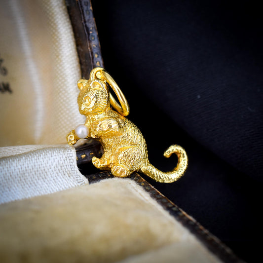 Vintage 9ct Yellow Gold 'Playful' Pearl Cat Charm | Dated 1966