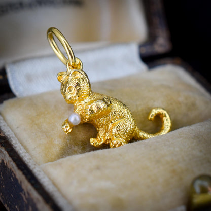 Vintage 9ct Yellow Gold 'Playful' Pearl Cat Charm | Dated 1966