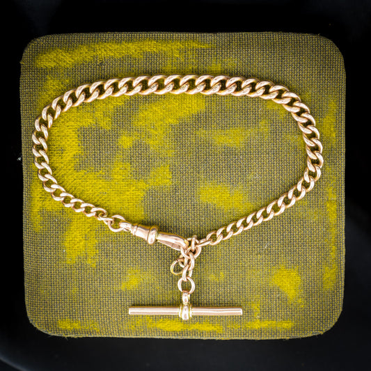 Antique Graduated Curb 9ct Gold Bracelet with Dog Clip and T-bar Drop | 7.75"