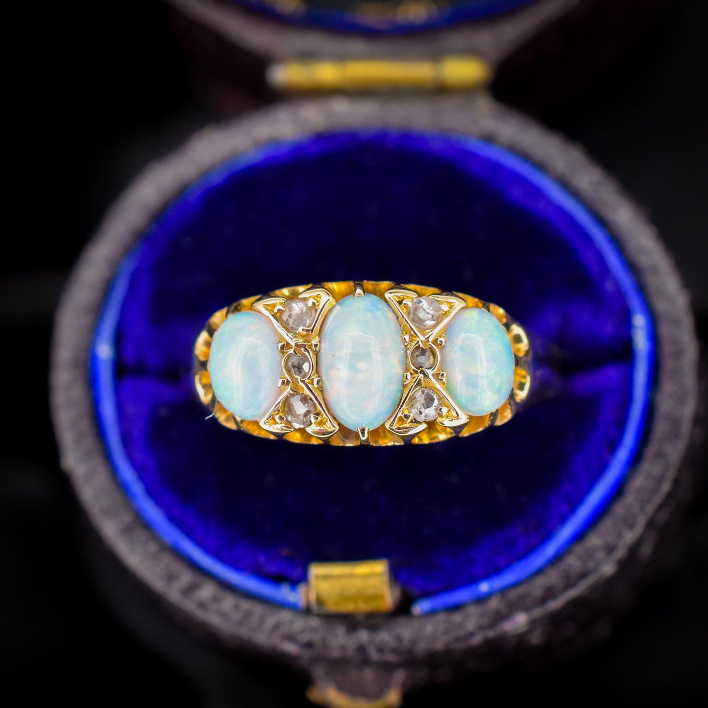 Antique Natural Opal and Diamond 18ct Yellow Gold Three Stone Ring